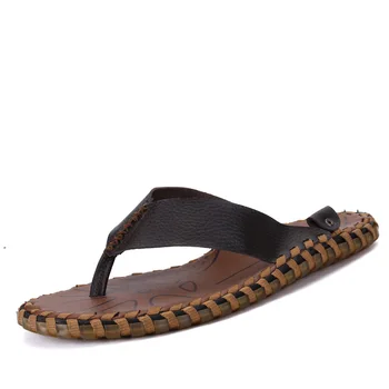 

Luxury Men Slippers Retro Genuine Leather Cowhide Black Brown Casual Flip Flops Casual Beach Shoes