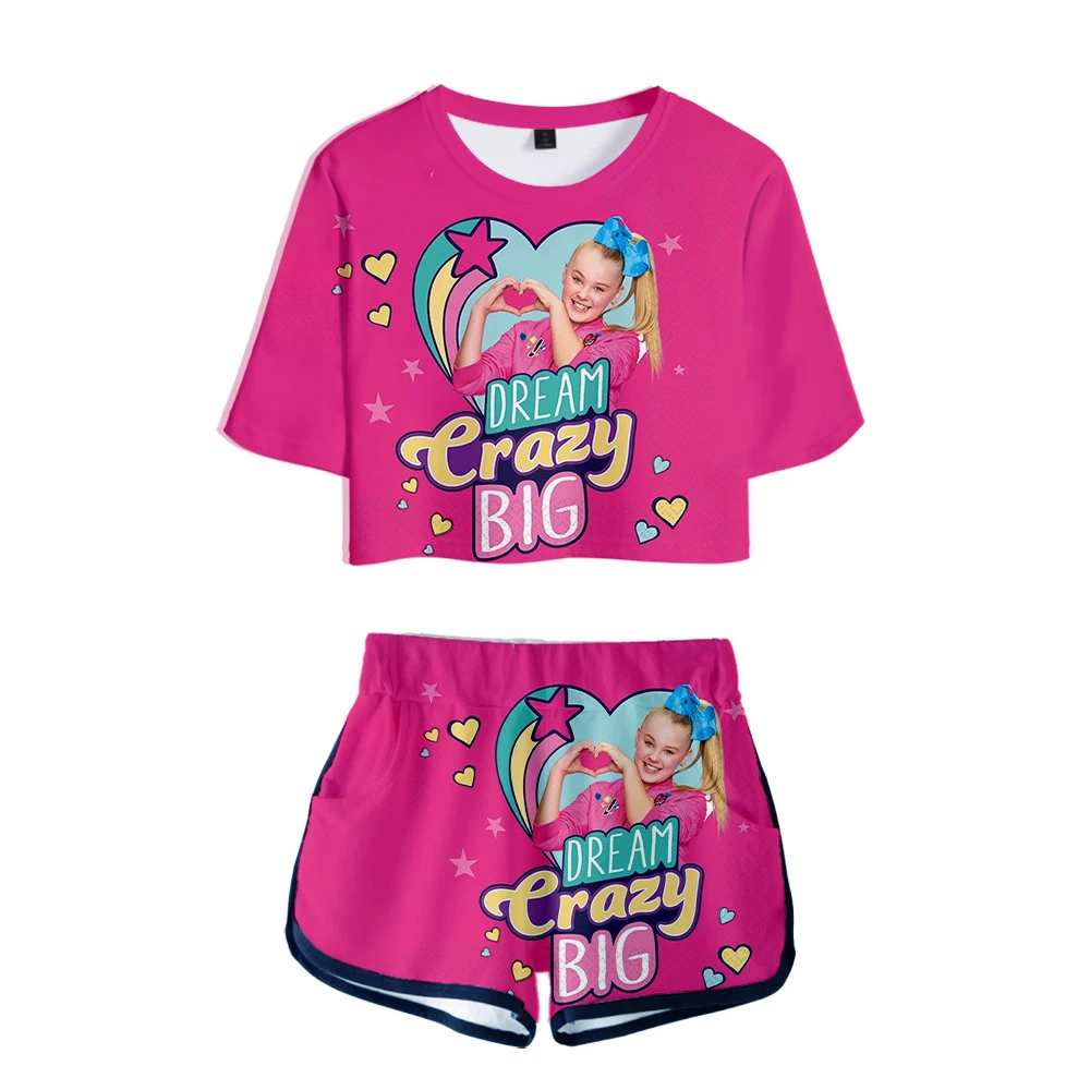 Popular JOJO SIWA 3D Exposed Navel T-Shirt + Short pants Hot Summer Women's two-piece sets Casual Girls red clothing |