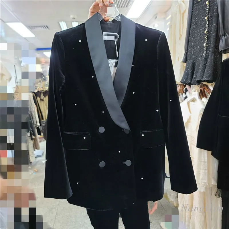 

2020 Spring and Autumn Women's Clothing New Elegant Rhinestone Suit Collar Velvet Blazer Female Lady Slim Fit All-match Coat