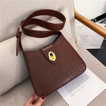 

Burminsa Crocodile Wide Strap Crossbody Bags For Women Unique Turn-Lock Design High Quality Vintage Small Shoulder Bags 2020