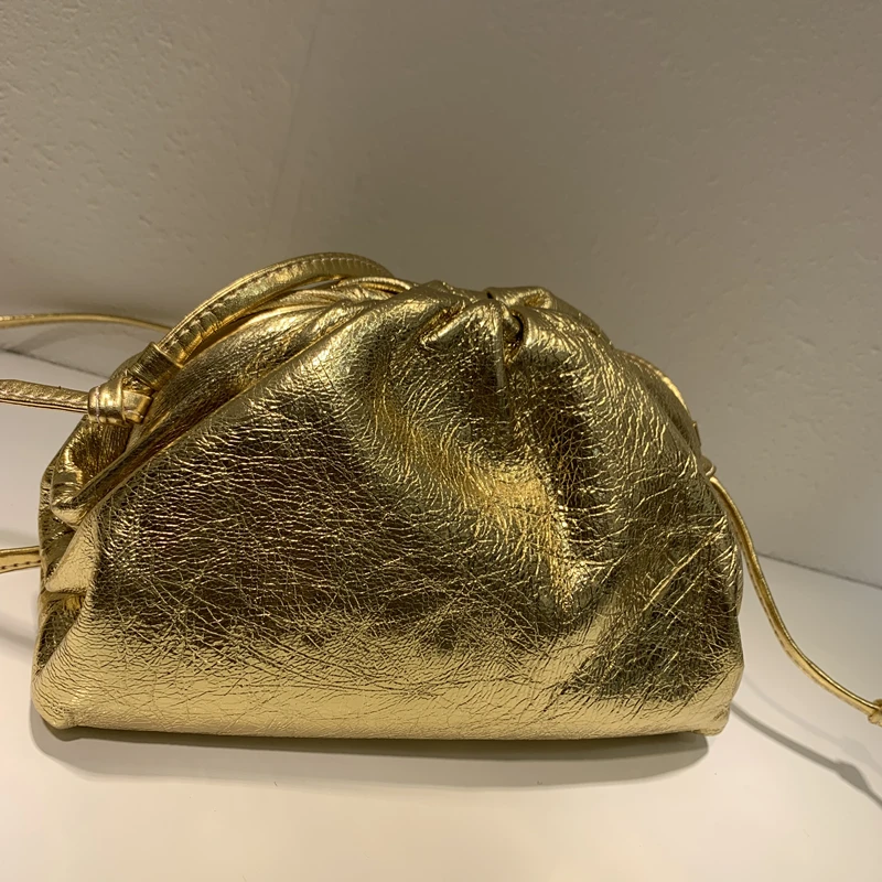 

High Quality Sheepskin Cloud-wrapped Bag for Women Metal Color Dumplings Shoulder Bag Clutch Handbag Soft Genuine Leather