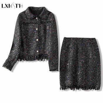 

LXMSTH 2019 Fall Tweed Skirt Sets Ladies Autumn Winter Sexy Knitted Jacket Coat + Mini Slim Skirt Suits Two Piece