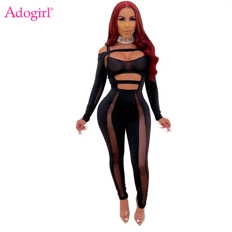 Adogirl Hollow Out Sheer Mesh Patchwork Bandage Jumpsuit Spaghetti Straps Off Shoulder Long Sleeve Women Sexy Night Club Romper | Женская