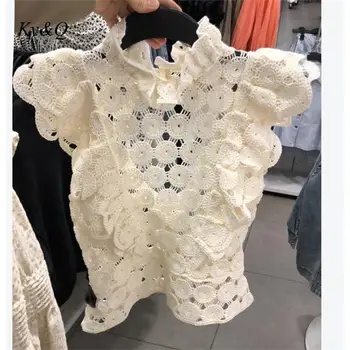 

Brand Design White Sleeveless Ruffled Crocheted Shirt High Quality Women 2020 Summer Sexy Backless Ruffles Sleevless Blouse Top