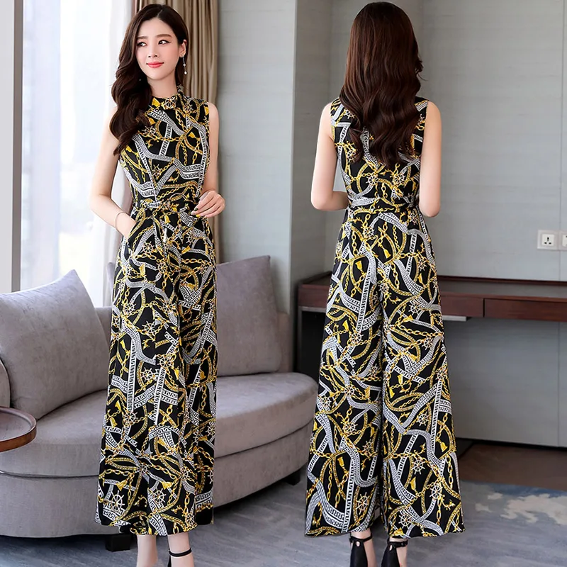 

Women lace-up Summer Jumpsuit Round collar Rompers elegant printing Jumpsuit female Nine points conjoined Wide-legged pants