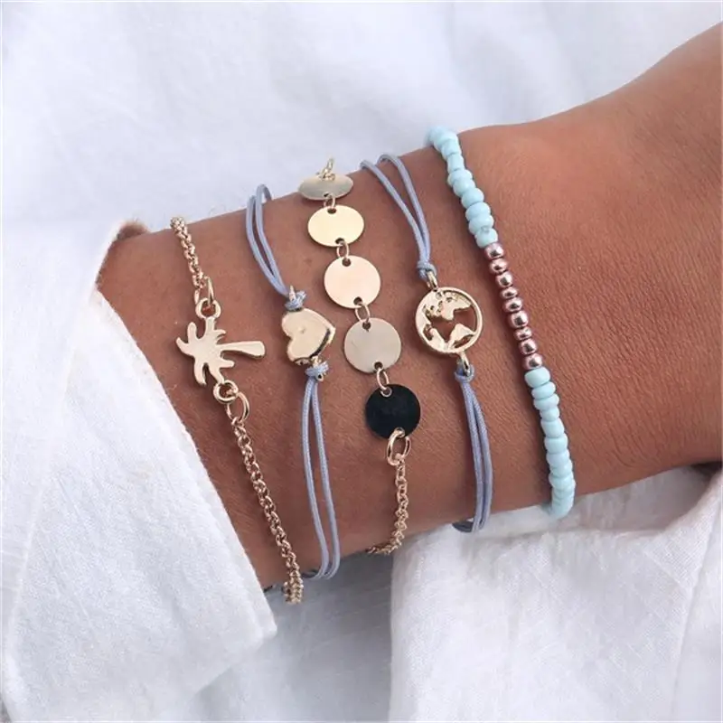 

5 Pcs/ Set Love Heart Tree Charm Bracelet & Bangle Set For Women Summer Style Rope Braclet Bohemia Statement Bracelet Femme 2019
