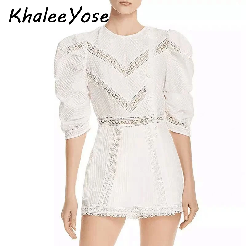 KHALEE YOSE белый кружевной комбинезон с вырезом Высокая уличная мода с пышными рукавами Лоскутная кнопка спереди комбинезоны комбинезон