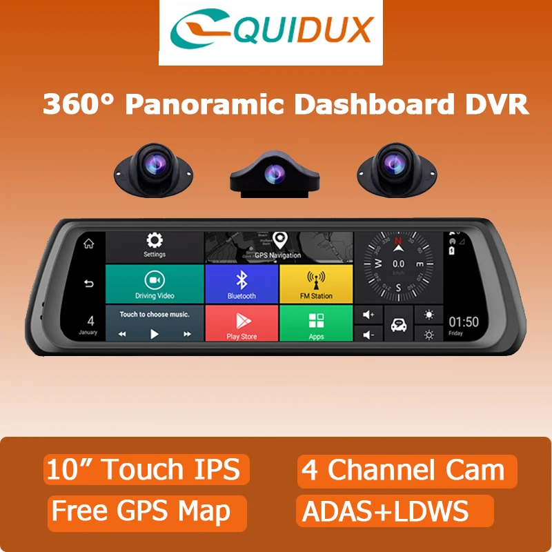 

Car DVRs 360 Degree Panoramic 10"Android5.1 GPS Navigator Rearview Mirror 4 Channel Cameras Video Recorder ADAS 4G Wifi Dash Cam