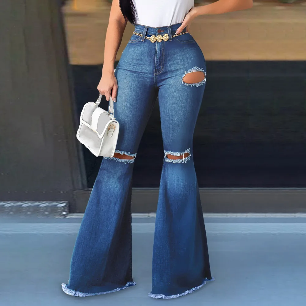 2020 Harajuku Flare Jeans Pants Women Retro Ripped Jeans Wide Leg Denim Trousers Ladies Casual Bell-Bottoms Flare Pant Female