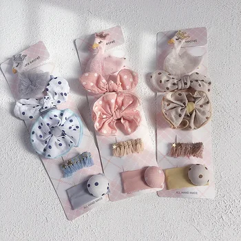 

2020 New Cute Fabric Swan Little Bow Hair Rope Button Duckbill Clip Five Pieces Set for Girl Children's Sweet Hair Accessories