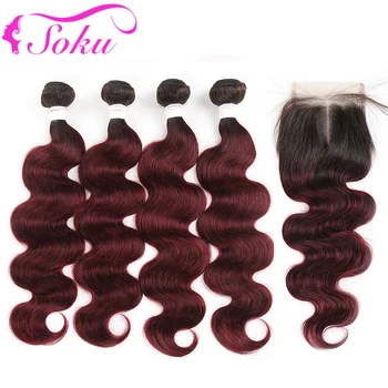 

T1B/99J# Ombre Bundles With Closure 4x4 SOKU 4PCS Brazilian Body Wave Human Hair Weave Bundles Non-Remy Hair Weave Extension