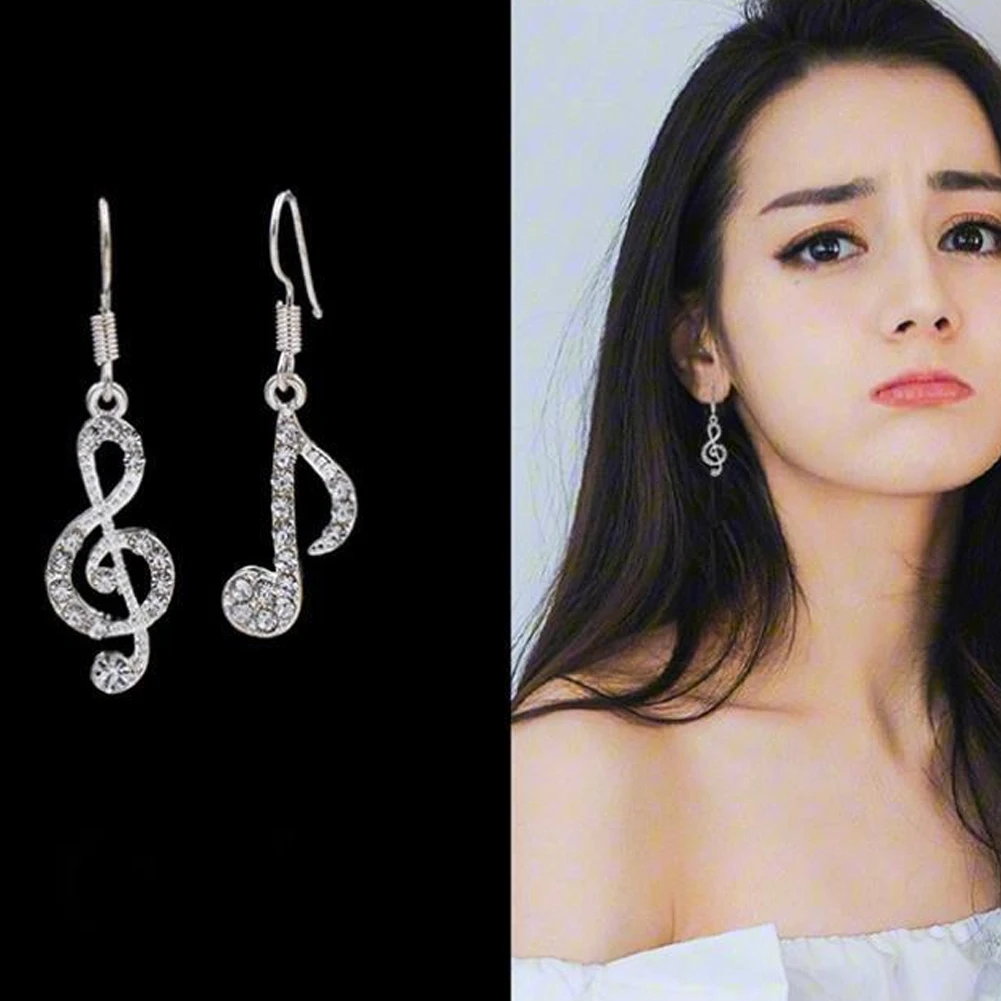 Fashion Romantic Elegent Drop Earrings Rhinestone Asymmetriy Musical Note Silver Color Jewelry For Women Girl Party Wedding