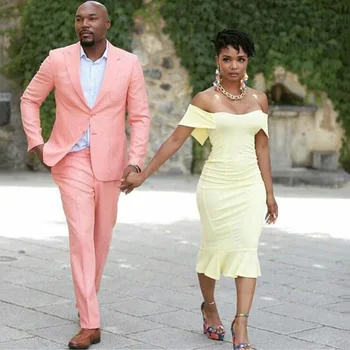 

Pearl Pink Casual Mens Suits Groom Wear Wedding Tuxedos Slim Fit Bridegroom Prom Suits Best Man Blazer Costume Homme 2Pcs