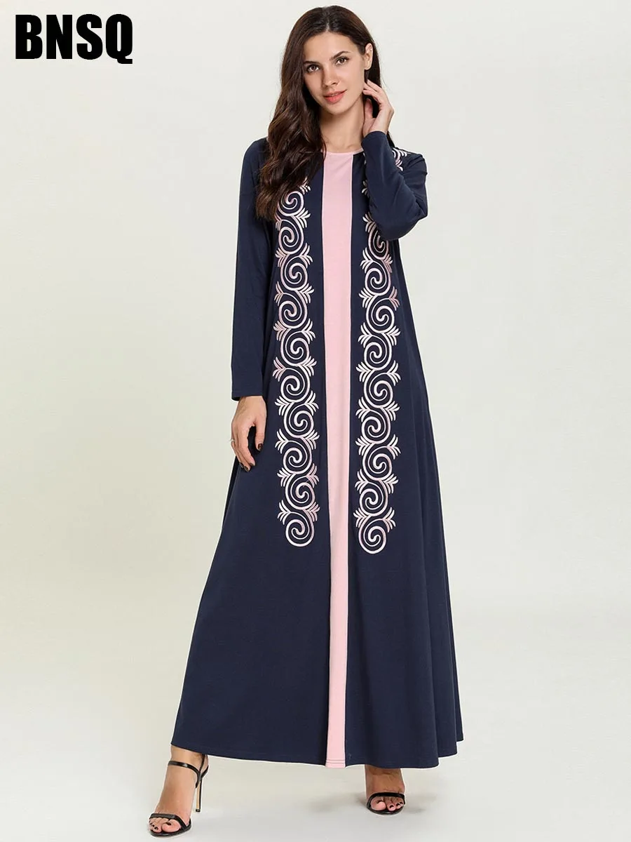 BNSQ Этническая Вышивка абайя двухцветная строчка с длинными рукавами платье мусульманское исламское платье "Рамадан"