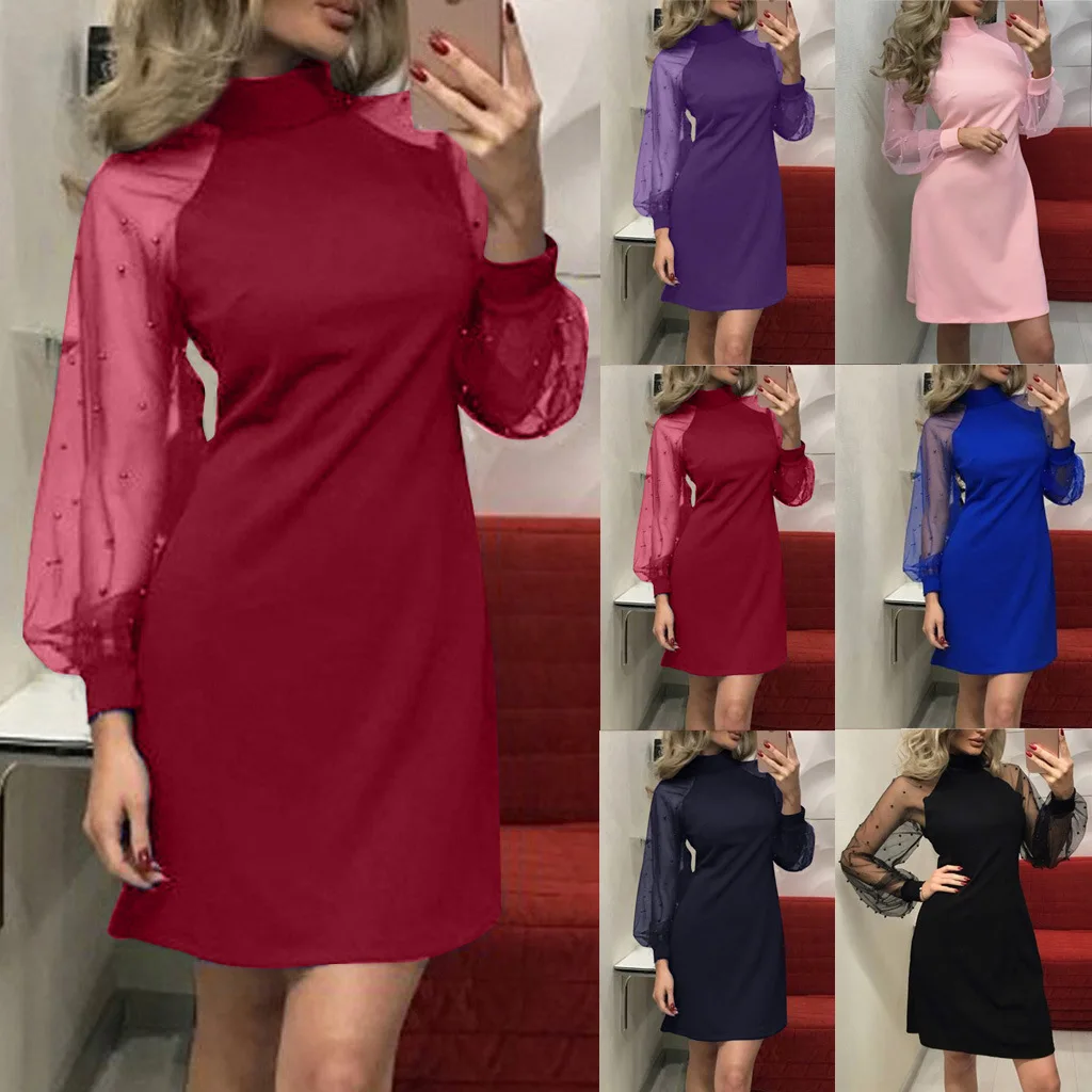 

9967 # Europe And America Gauze Pearl Long Sleeve Slim Dress Sheath Mini Skirt