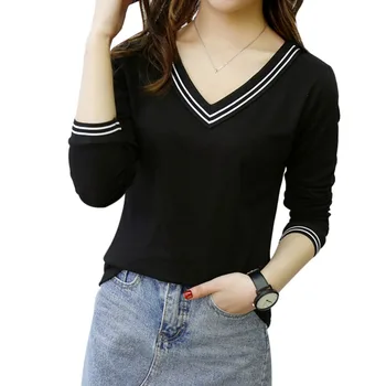 

Korean Fashion Women New Cotton Simple Striped V-neck Plus Velvet Slim Long-sleeved Knitted T-shirt