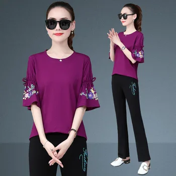 

Summer Women Sportswear Tracksuit Loose Quickly Dry Embroid Sweatshirt+pant Running Jogger Fitness Outfit Casual Set Sport Suit