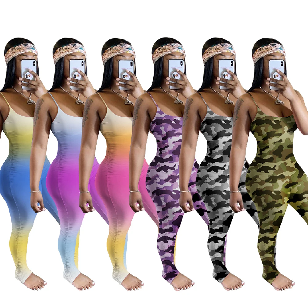 

Summer Autumn Women's Casual Romper Pleated Trousers Gradient Printed No-Sleeve Tight Elastic Home Holiday Party Sling Wear