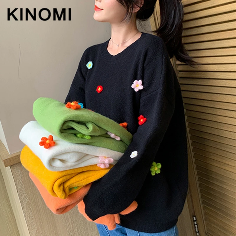 KINOMI, осенне-зимний свитер с длинным рукавом для женщин, круглый вырез, корейский стиль, повседневные женские зимние свитера, пуловеры для женщин