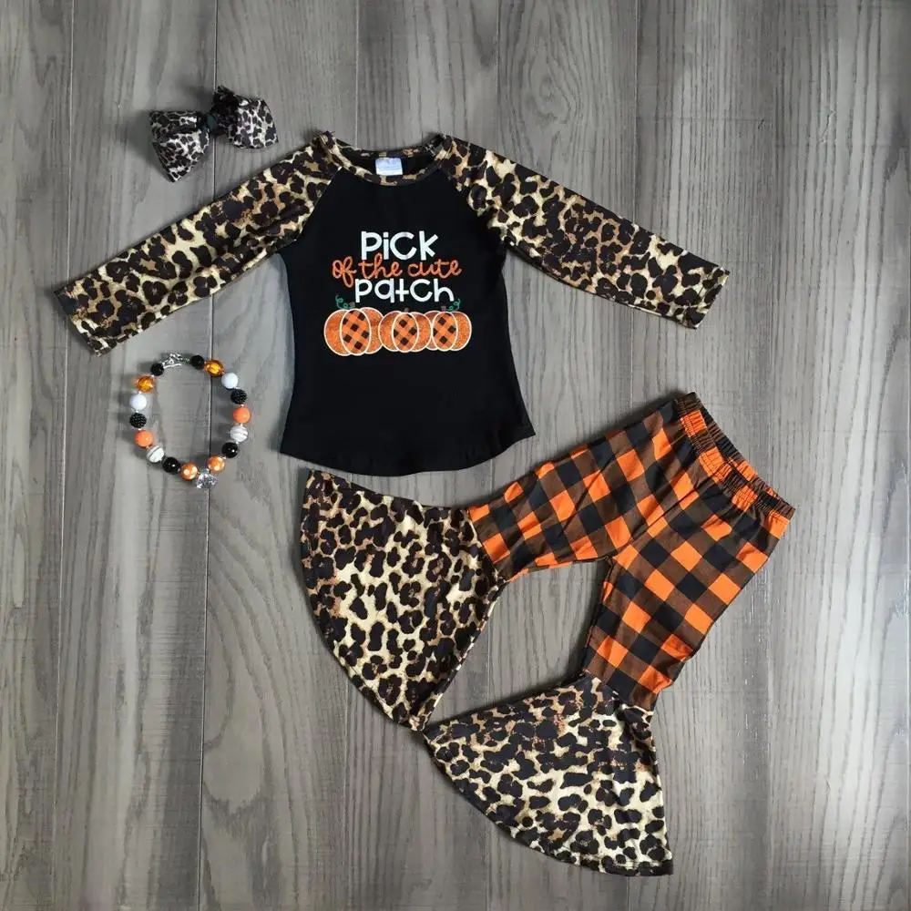 

children Girls Fall clothes girls leopard outfts with bell bottom pants kids clothing with pumpkin plaid mathing accessories