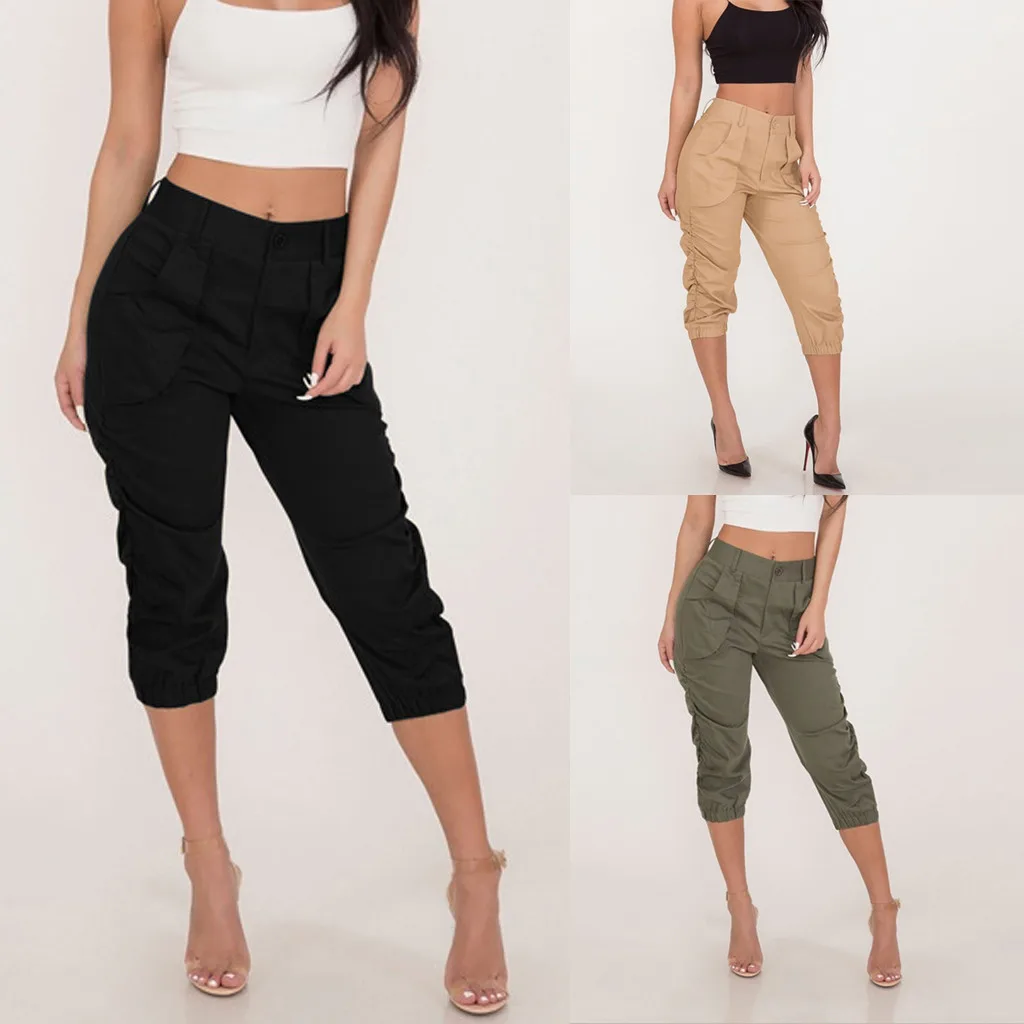 

Women High Waist Cargo Pants Womens Bandage Elastic Waist Pockets Pants Button 2019 New Solid Daily Casual Cropped Trousers