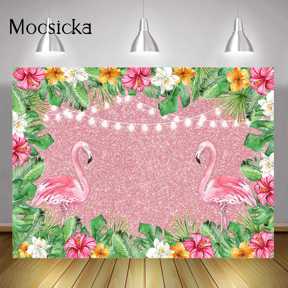 Arriere Plan De Flamant Rose Dore A Paillettes Decoration De Fete D Anniversaire Feuilles Vertes Aloha Fleurs Accessoires De Photographie Aliexpress