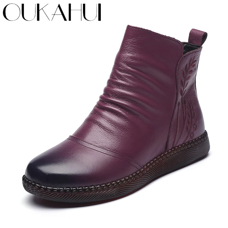 Winter Boots Flat Embroidery Low-Heel Round Toe Vintage Autumn Women Zip OUKAHUI Ankle