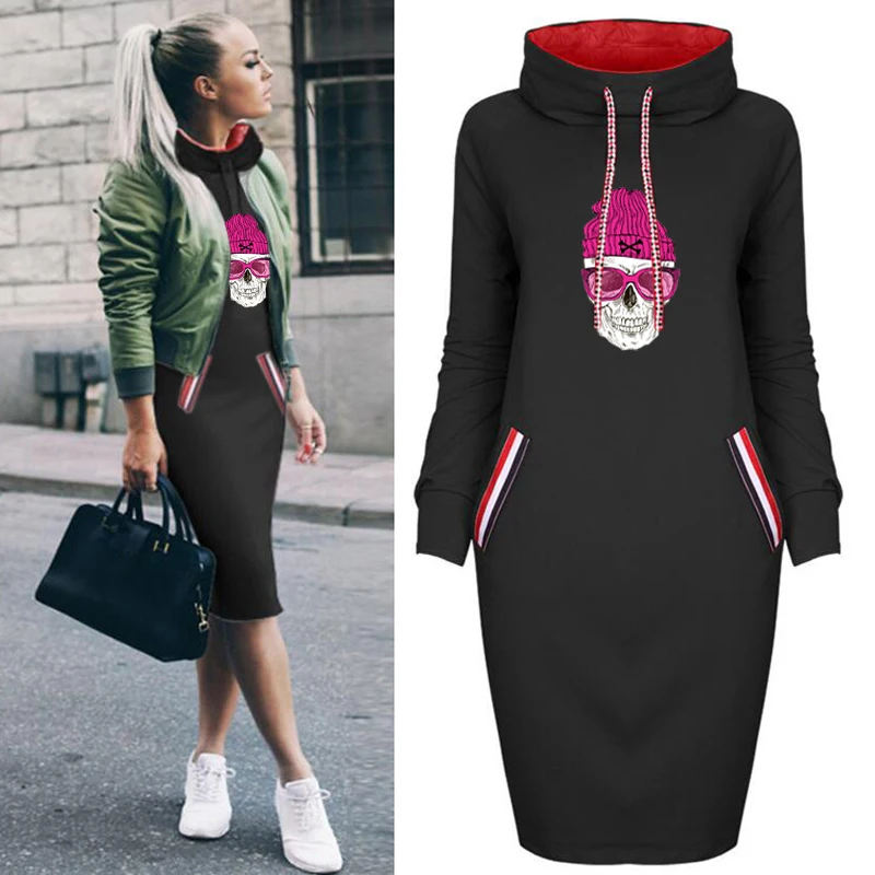 

Woman Plus Size Dress Fashion Skull Printing Autumn Dresses Cute Long Sleeve Casual Robes Bodycon Party Club Short Dress Mujer