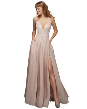 

Elegant Spagehtti Giltter Long Mermaid V-Neck Evening Dresses with Slit Floor Length Pink Formal Prom Party Dresses for Women
