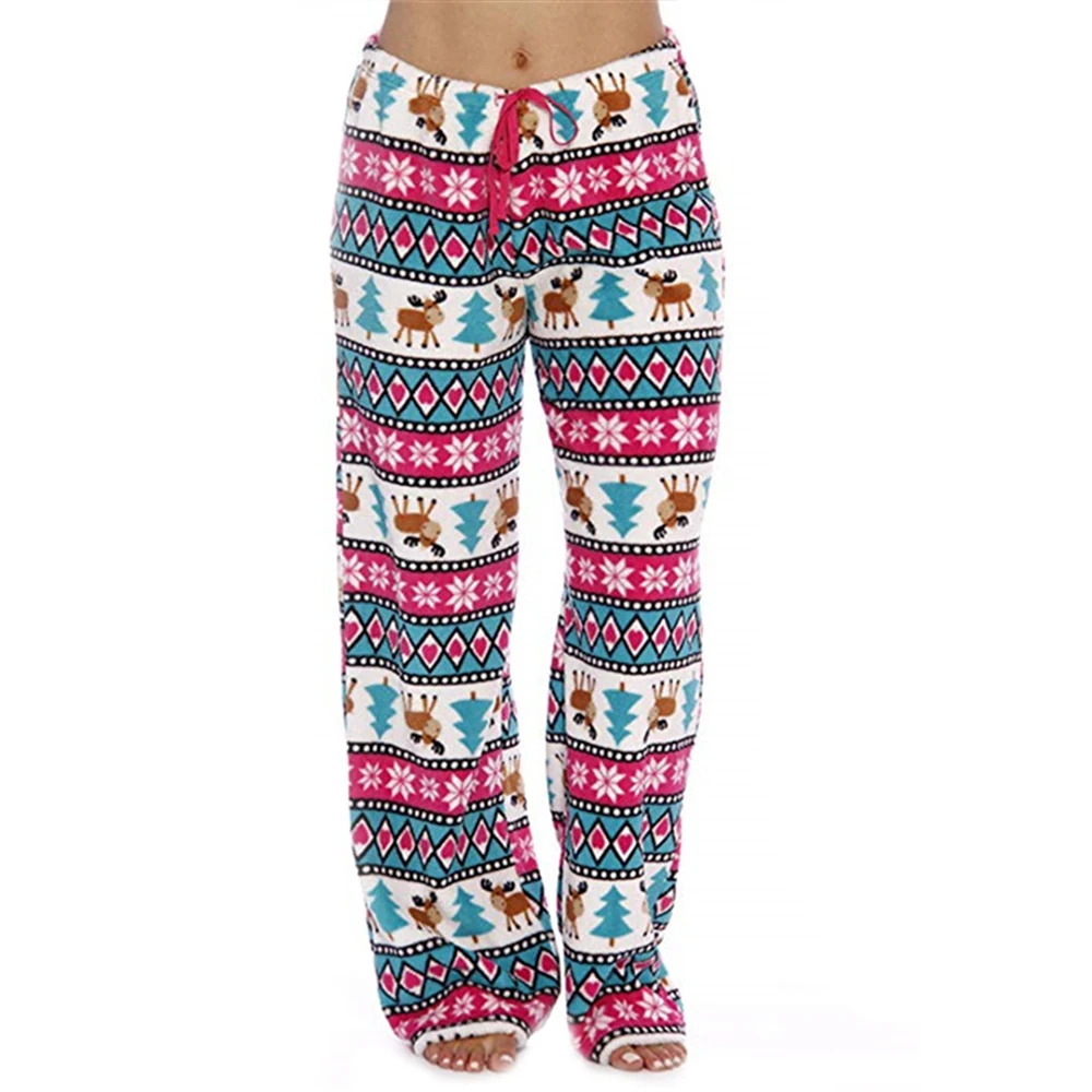 

Christmas Pajama Pants Women Winter Elk Print Lounge Wear Sleepwear Warm Flannel Plush Home Wear Sleep Pants spodnie damskie D30