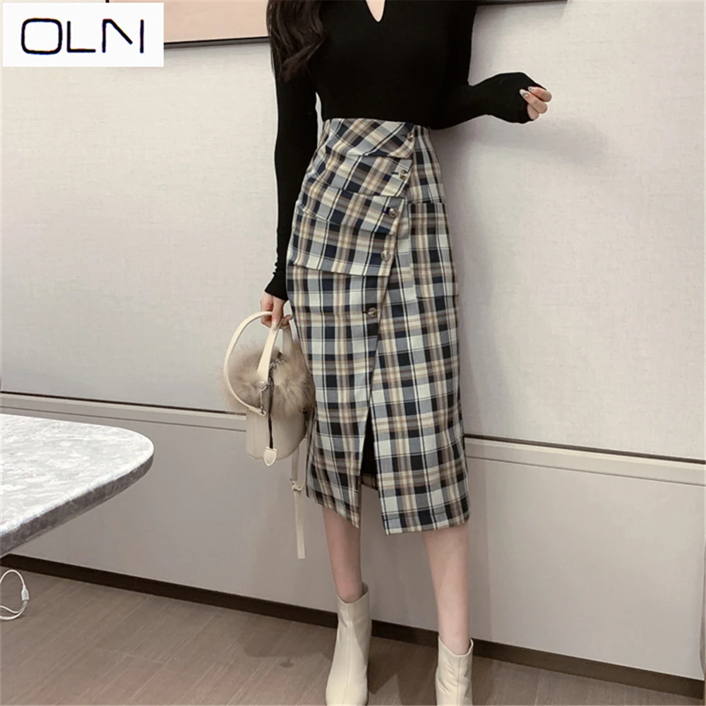 Осенне-зимняя юбка OLN Корейская vestidos Новая Сексуальная С v-образным вырезом нижняя рубашка Женская+ сумка с высокой талией бедра клетчатая юбка