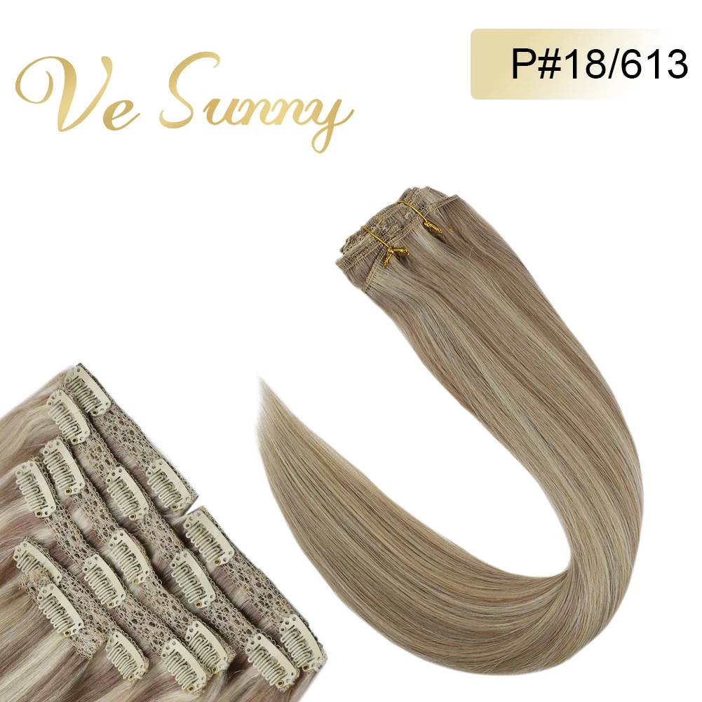 

VeSunny Double Weft Clip in Hair Extensions Human Hair 7pcs Clip on Extensions Highlighted Color Ash mix Blonde #18/613
