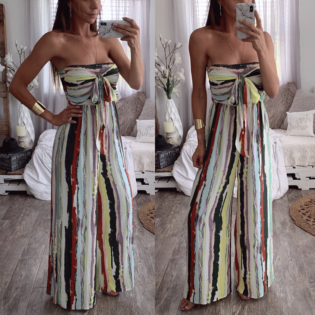 Летний комбинезон женский Playsuit комбинезон без бретелек вечерние костюмы, женские комбинезоны длинные широкие брюки