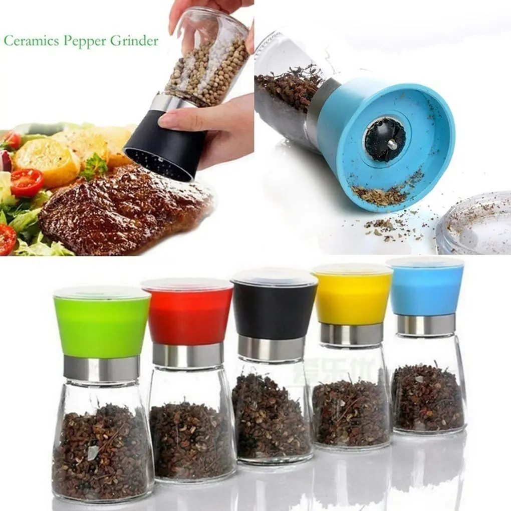 2PCS Random Color Kitchen Glass Grinding Bottles Salt Pepper Mill Grinder Glass Pepper Grinders Shaker Spice Container