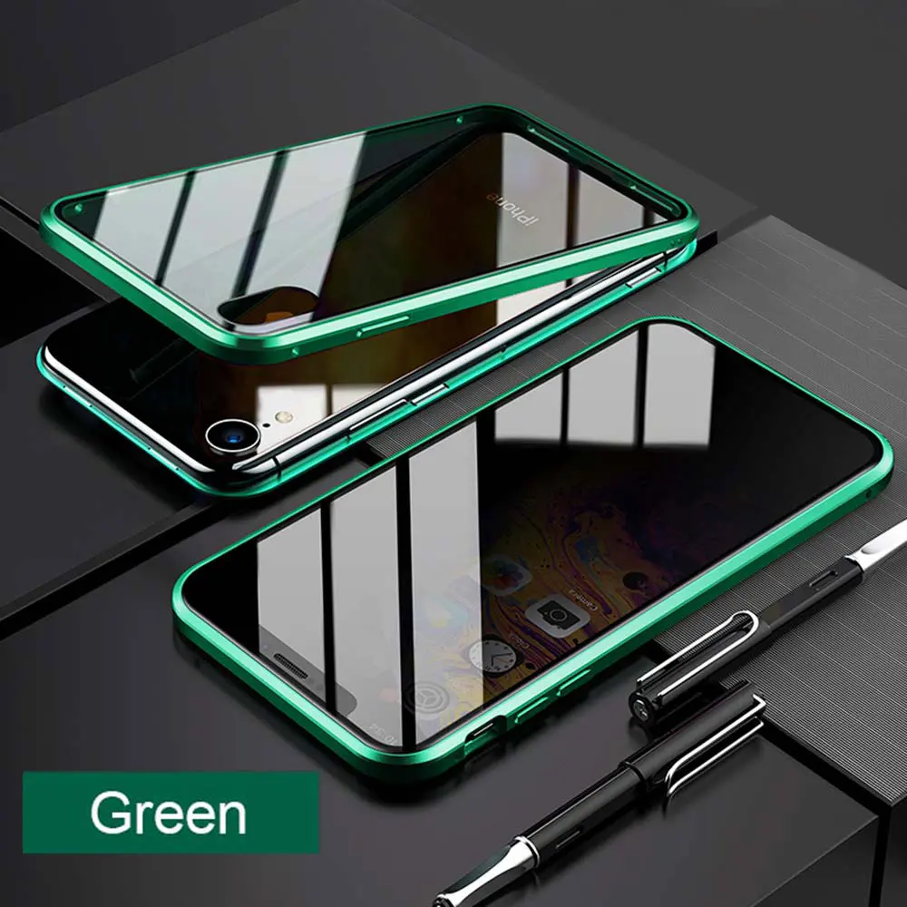 Магнитный чехол из закаленного стекла для iPhone 11 Pro Max 7 8 Plus XR, анти-магнит, металлический бампер, защитный чехол на весь корпус - Цвет: Dark Green
