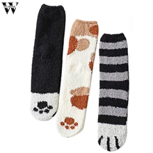 Womail, женские коралловые домашние носки с принтом в виде лап кота, теплые бархатные носки для сна, носки-тапочки, носки, 3 пары оборудования