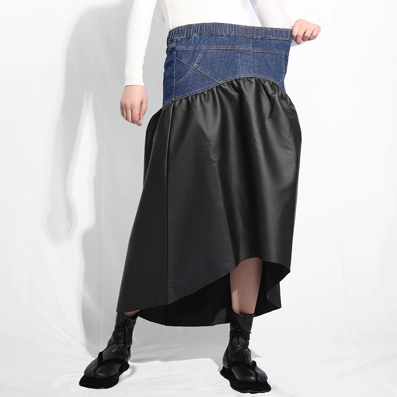 [DEAT] Новинка Весна Лето высокая эластичная талия черная плиссированная джинсовая юбка из искусственной кожи с неровным подолом Женская мода JO27