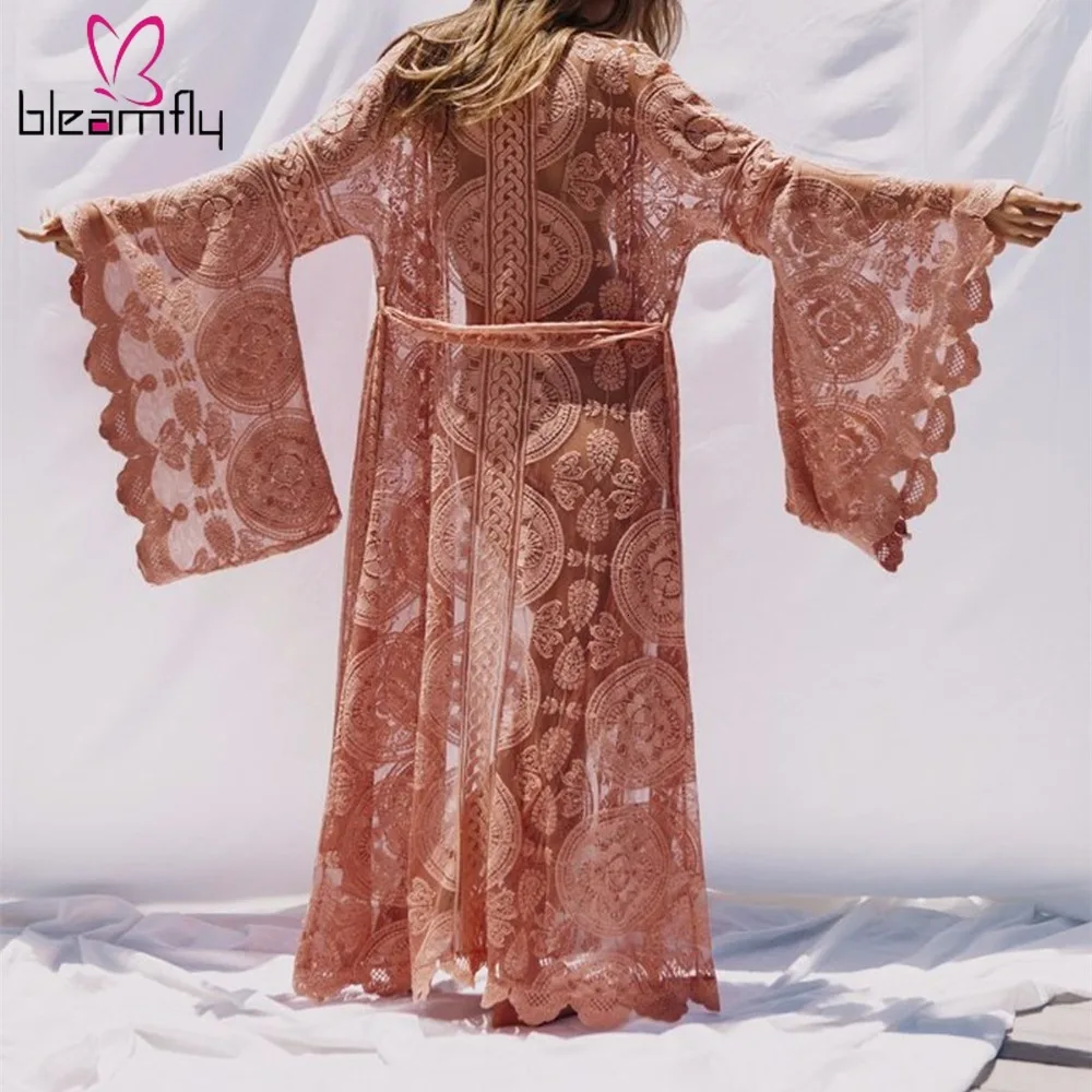 Осень Лето Женское кружевное длинное кимоно с длинным рукавом Boho Кардиган Blusas Верхняя одежда Повседневная Свободная Солнцезащитная блузка рубашка Топы