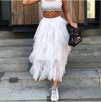 

2019 Women Ruffles Streetwear Double Layers Tulle Pleated Long Skirt Elegant High waist Ladies Summer