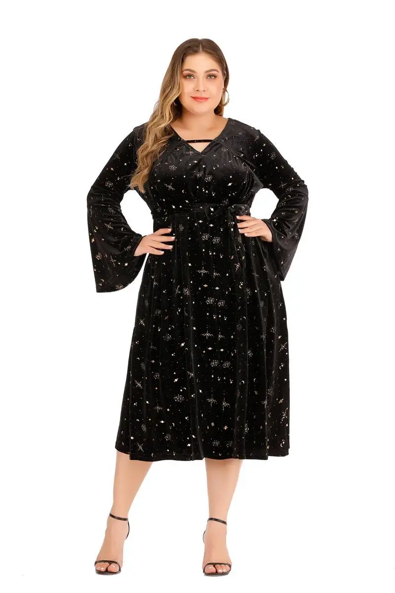 5xl элегантное бархатное платье А-силуэта Вечерние черные длинные платья повседневные Большие размеры женское платье с расклешенными рукавами большие размеры зимние платья