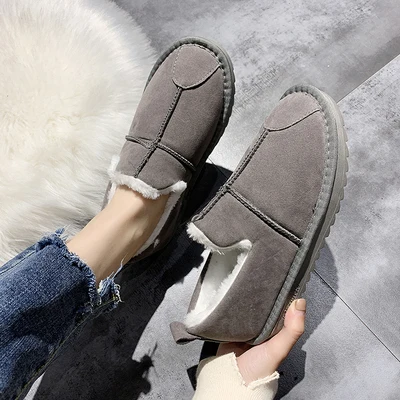 EOEODOIT Plus Size Cotton Shoes Women Autumn Winter Flat Heel Plush Loafers Anti Skid Snow Sneakers Shoes - Цвет: Серый