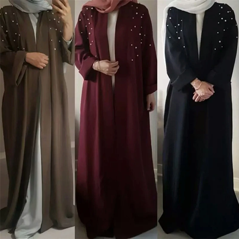 Новая мода abaya мусульманская одежда для Дубай платье роскошный черный/Kahki/розовый/бордовый халат-кимоно с жемчугом пояс одеяние мусульмане