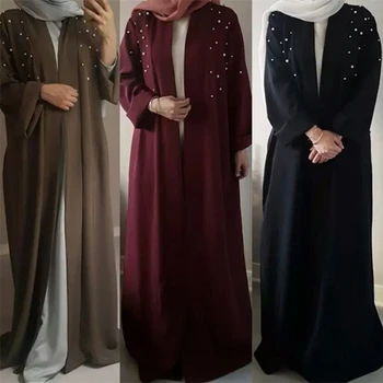 

2019 New Fashion Abaya Dubai Islamic Dress Luxury Black / Kahki / Pink / Burgundy Kaftan Kimono With Pearls Belt Robe Musulmane