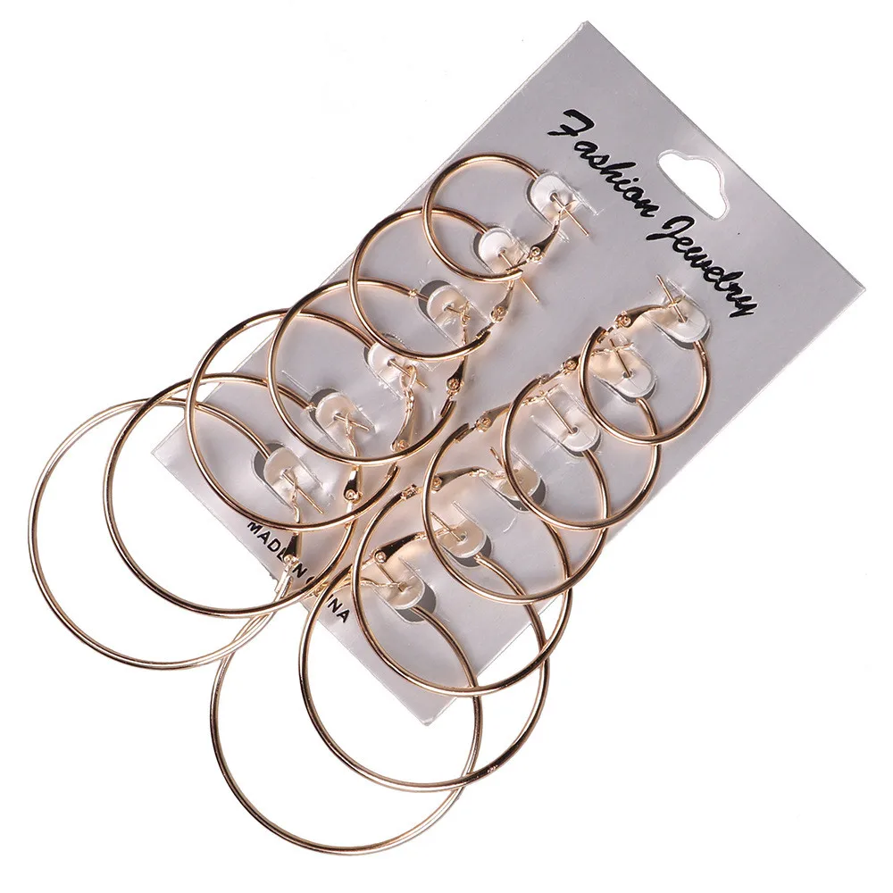 6 pairs of set rock exaggerated circle earrings different size ring fashion fashion wild business daily jewelry gift