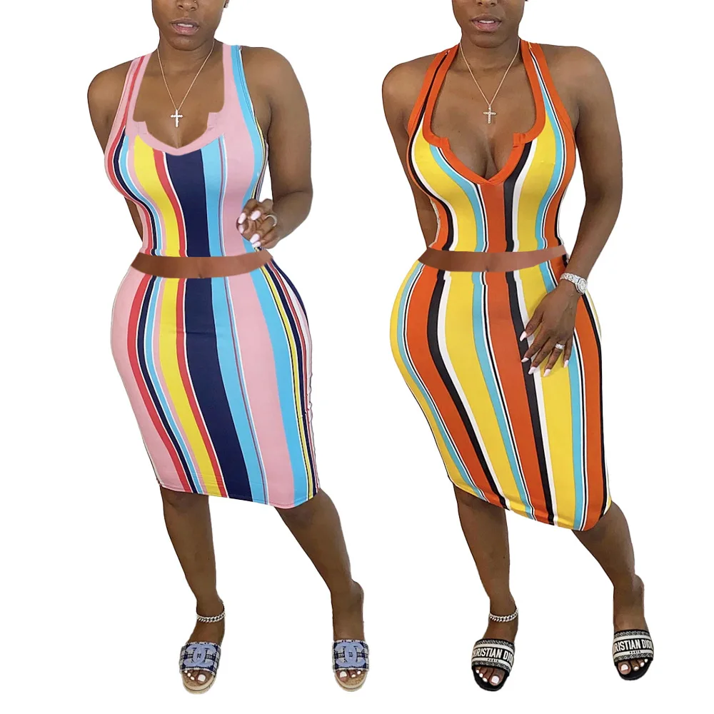 Colorful Striped Sexy Two Piece Skirt Set Women Deep V Neck Sleeveless Crop Top and High Waist Bodycon Midi Skirts Matching Sets |