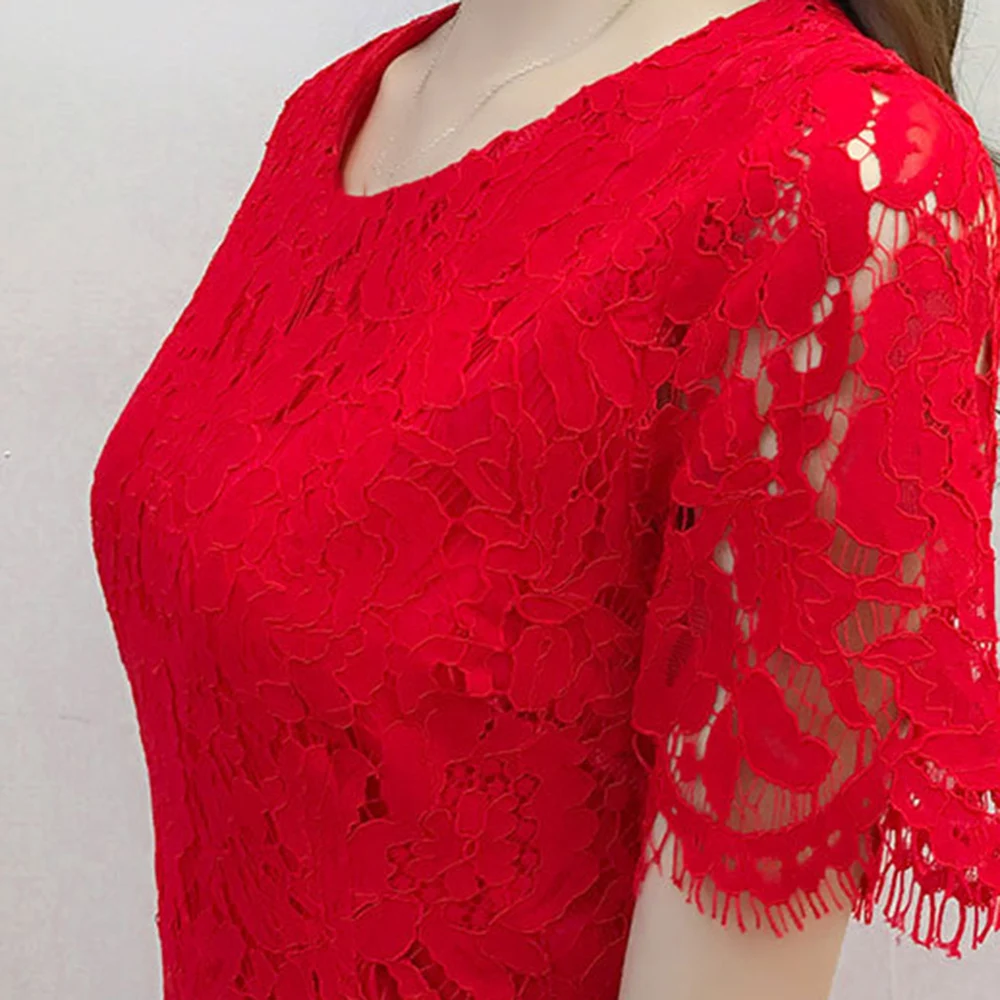 Summer Women fashion lace Dress Round Neckline Short Sleeves Crochet Lace Dress