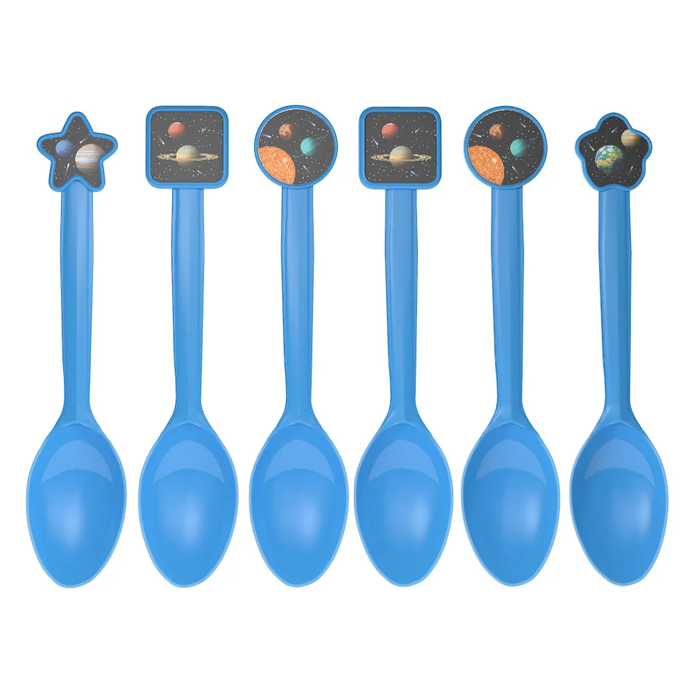 spoon 6 pcs Милые вечерние столовые приборы с космическим пространством, салфетки с флагом и воздушным шаром для космонавта, праздничные принадлежности для дня рождения, декорации с планетами - Цвет: spoon 6 pcs