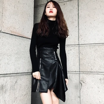 

LANMREM 2020 Spring Irregular Zipper Patchwork PU Skirt Fashion New High Waist All-match Female's Personality Bottoms YF96801