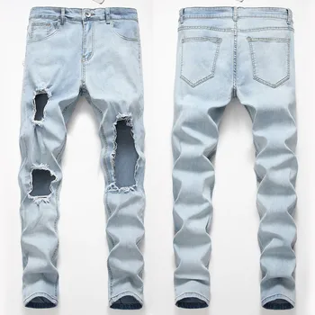 

Dropshipping Men's New Fashion Personality Ripped Slim Fit Zipper Stretch Denim Trousers Prom Dress Women popularfashion style
