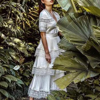 

High Quality Runway Designer Dress For Women 2020 Summer Lace Ruffle White Lace A-line Bodycon Maxi Dress